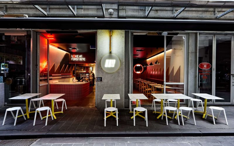 Exterior seating area at 11 Inch Pizza restaurant on Little Collins Street, Melbourne.